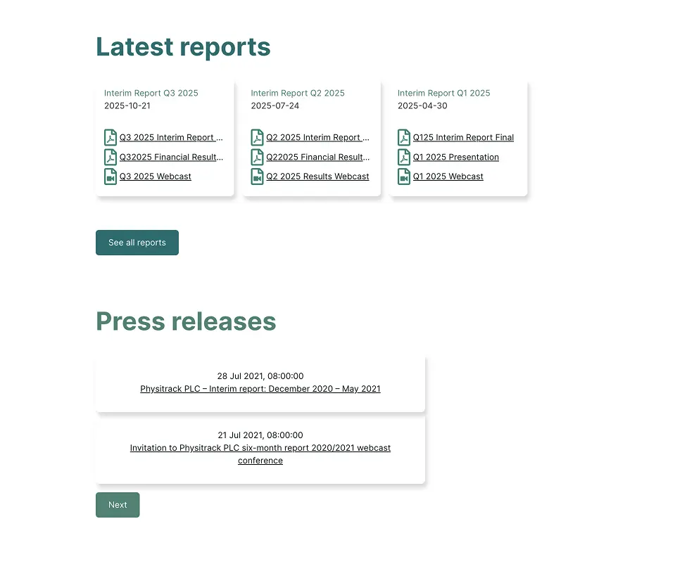 Legacy Physitrack investor relations information architecture