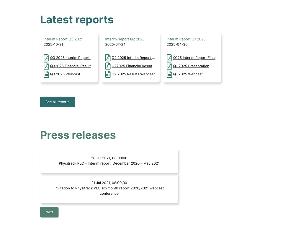 Legacy Physitrack investor relations information architecture